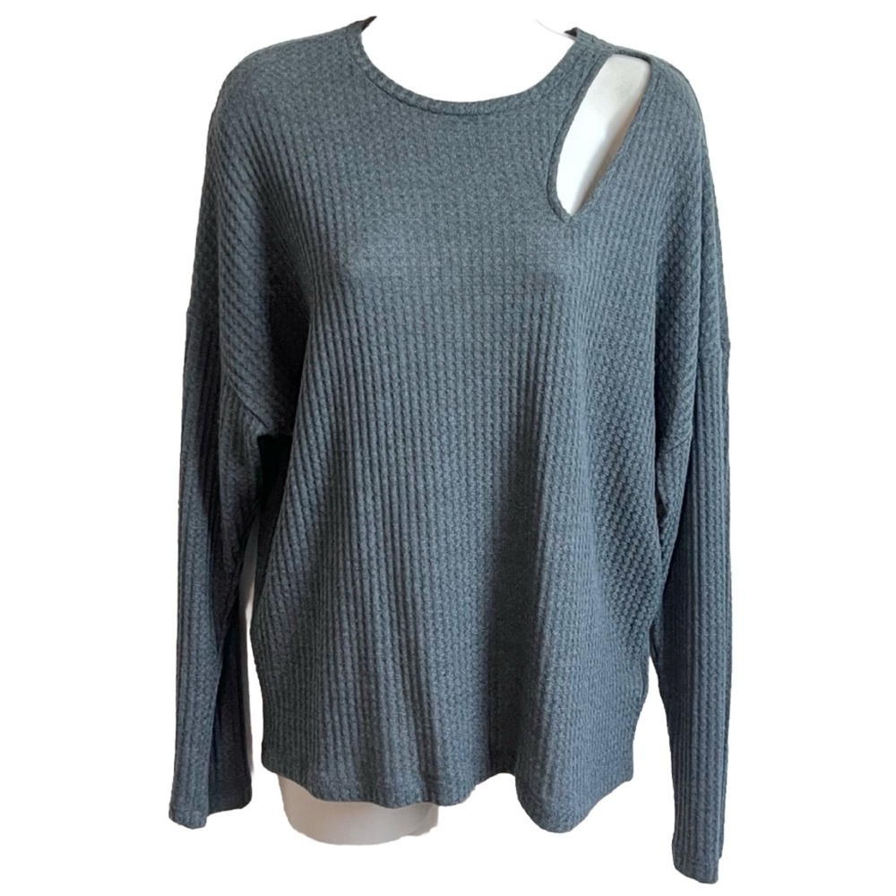 NEW Express Waffle Knit Scoop Neck Long Sleeve Pullover Top Gray high low M